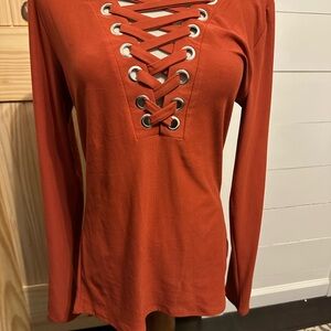 Rust Lace-Up Long Sleeve Top